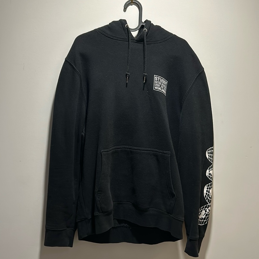 Stussy Black Hoodie with White Sleeve Graphics